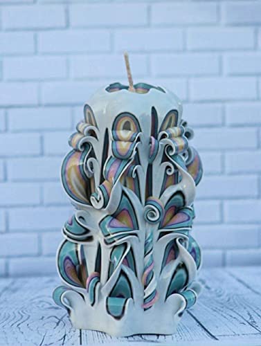 Handmade Rainbow Candle - Carved Gift for Her, White/Blue - Small