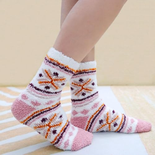 Horuru Women's Fuzzy Cozy Slipper Socks Pink White - Winter Warm Gift