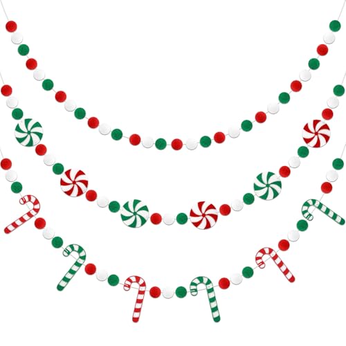 Jansun 3 Pack Christmas Felt Candy Cane Garland - Candy Themed Holiday Decor