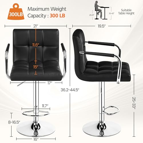 Adjustable Swivel Bar Stools with Backs and Armrests, Set of 2, Black