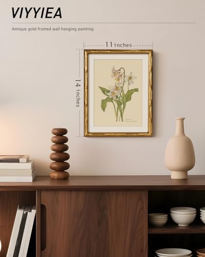 Vintage Botanical Wall Art, Avalanche Lily Print with Gold Bamboo Frame