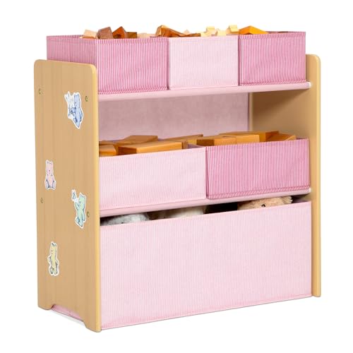 6-Bin Kids Toy Organizer with Reusable Stickers, Blush Pink