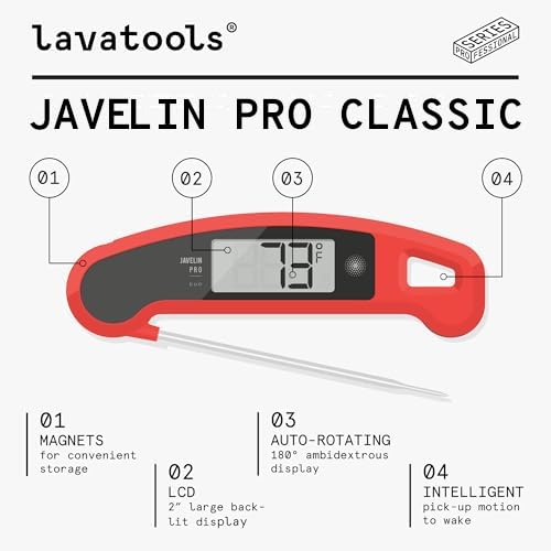 Lavatools Javelin® PRO Classic Instant Read Meat Thermometer - Ultra-Fast 2-Second Response, Backlit Display, IP65 Water Resistant