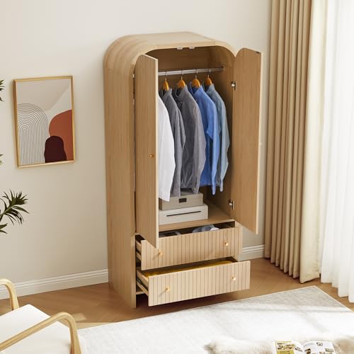 Arched 2-Door Wardrobe Closet with Hanging Rod and 2 Drawers