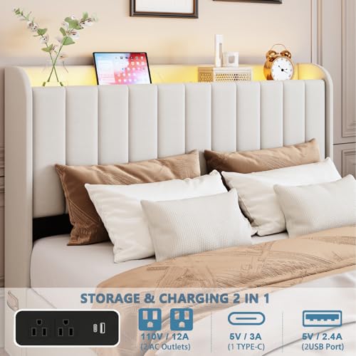Full Size Upholstered Platform Bed Frame with 4 Storage Drawers & LED Lights