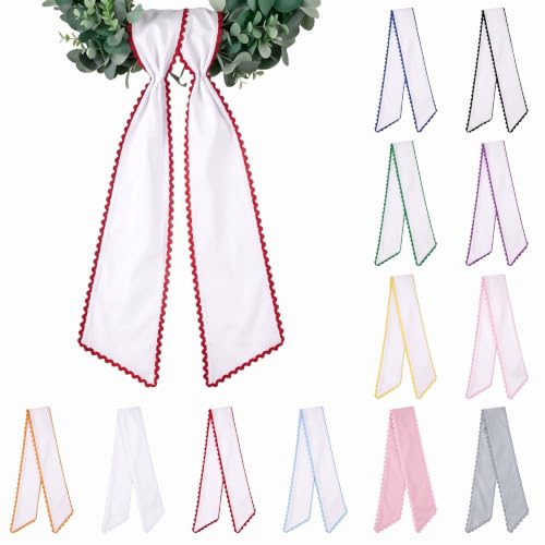 VitalCozy 12-Pcs Scalloped White Wreath Sash with Colorful Trim for Front Door 56in