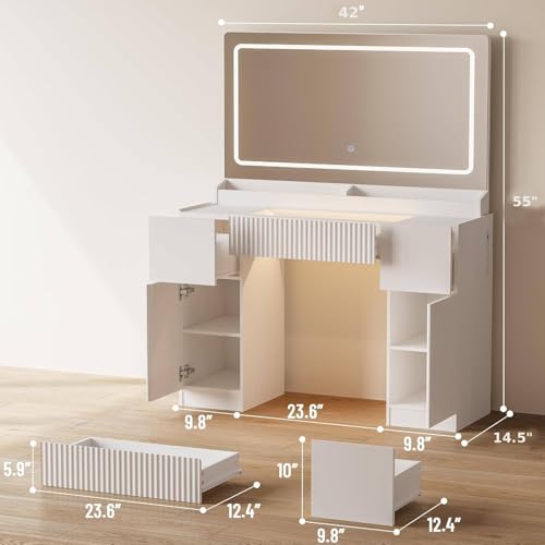 44-Inch Makeup Vanity Desk with Lighted Mirror, Glass Top and Power Station