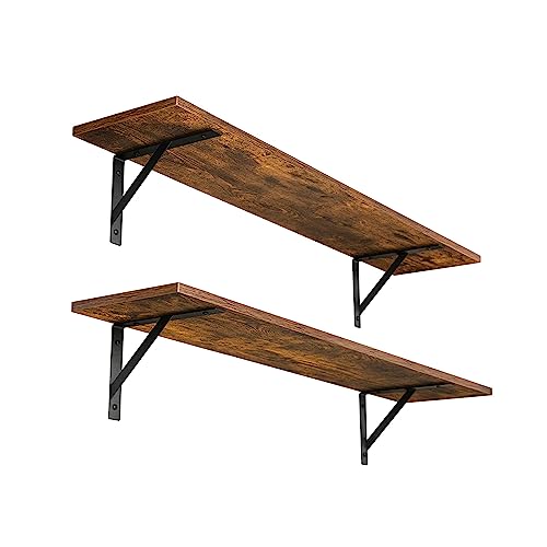 31.5-inch Floating Wall Shelves with Metal Brackets - Set of 2, Rustic Brown