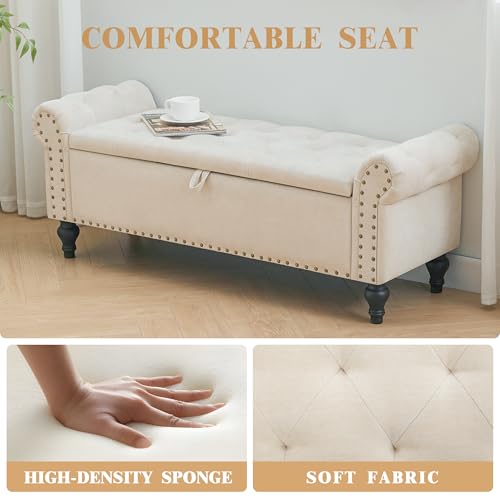 51-Inch Upholstered Storage Bench with Rolled Arms and Button Tufting
