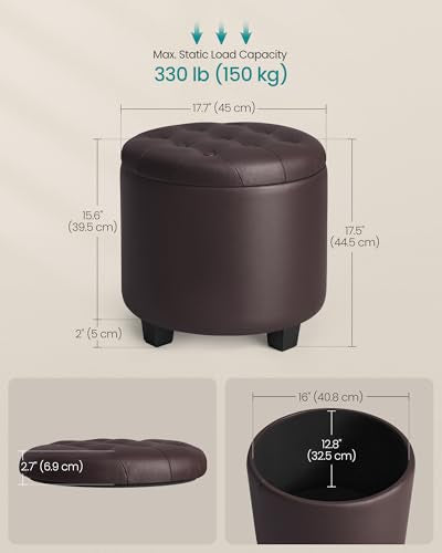 18-Inch Round Storage Ottoman - Tufted Synthetic Leather Footstool