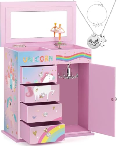 efubaby Pink & Blue 5-Layer Music Jewelry Box with Unicorns & Castle - Includes Unicorn Jewelry Set