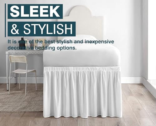 Twin XL Dorm Bed Skirt - 32 Inch Drop White Microfiber Ruffled Bedskirt