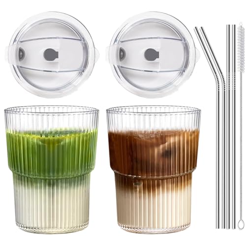 16 Oz Ribbed Reusable Iced Coffee Cups with Lids and Straws - Set of 2