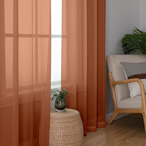 Burnt Orange Sheer Curtains - 84 Inch Length, 2 Panels, Light Filtering Drapes