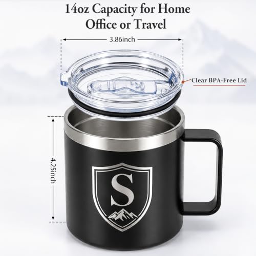 Black Personalized 14 Oz Insulated Coffee Mug with Letter S & Lid