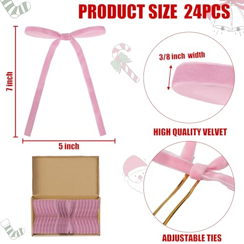 Pink Velvet 24-Pack Christmas Bow Ornaments for Wreaths & Gift Wrapping - 7x5 in