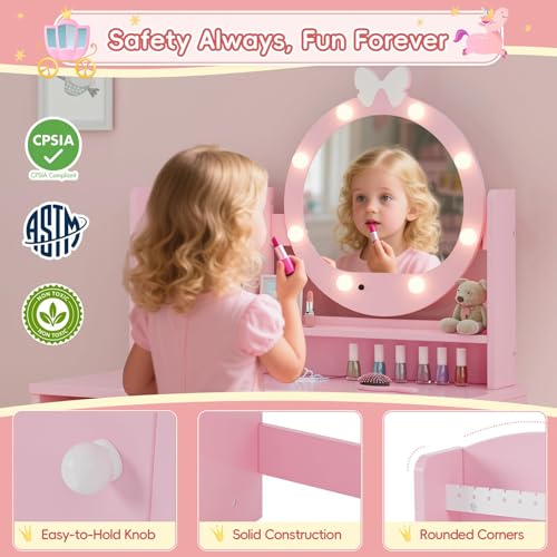 Kids Vanity Table and Chair Set with Lighted Mirror and Storage - Pink