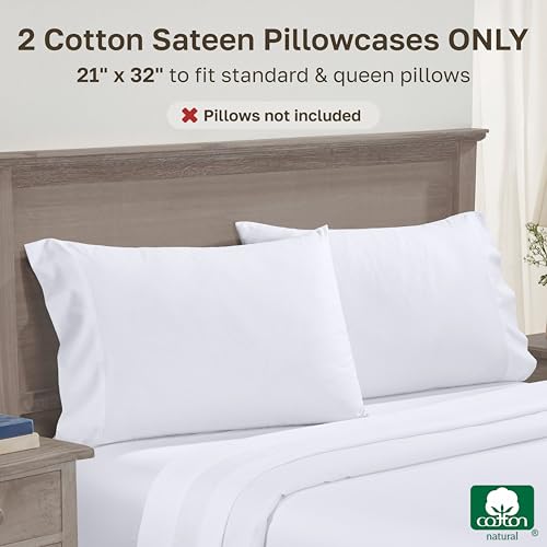 600 Thread Count 100% Cotton Sateen Pillowcases - Set of 2, Bright White