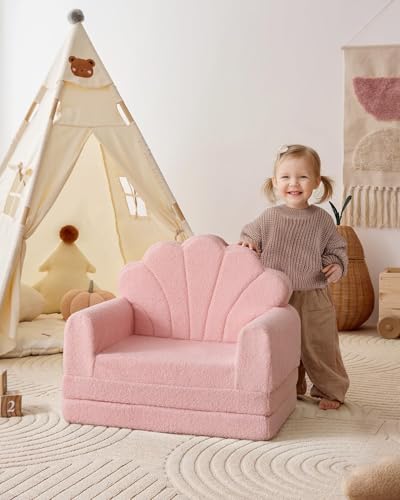 2-in-1 Foldable Kids Sofa Chair - Pink Shell Foam Convertible Play Couch