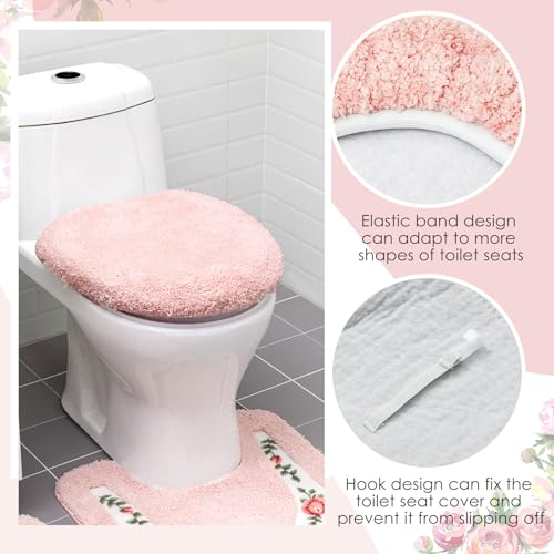 3-Piece Rose Floral Bathroom Rug Set, Non-Slip Pink Bath Mat & Toilet Cover