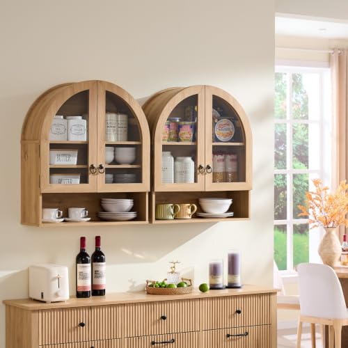 24-Inch Arched Bathroom Wall Cabinet with Adjustable Shelves, Natural Oak