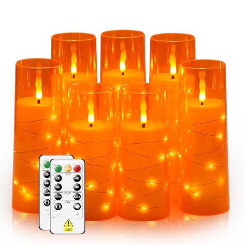 Sasigeiaa Orange 7-Star Flameless Candles Set with Remote - Battery LED Pillar Candles