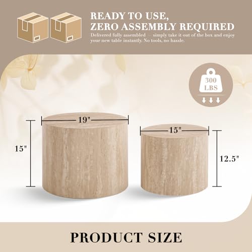 Round Wood Nesting Coffee Table Set of 2 - Minimalist Modern Side Tables