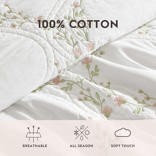 Full/Queen Floral Embroidered Cotton Quilt Set with Matching Shams - Pink