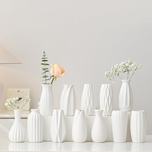 White Ceramic Vase Set of 12 - Mini Bud Vases for Flowers & Pampas Grass, Boho Wedding Centerpieces (Variation: White-st-12)