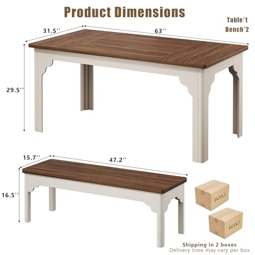 63-inch Farmhouse Dining Table Set with 2 Benches, Space-Saving Kitchen Set