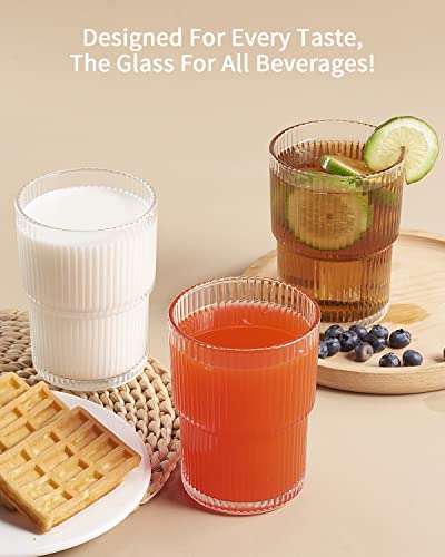 BJMEDYM 6-Pack Clear Ribbed Drinking Glasses 14oz Stackable Bar & Kitchenware