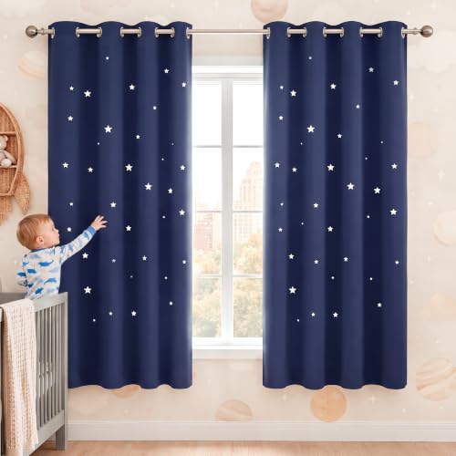 Blue Hollow Star Blackout Curtain for Kids Room, 52 x 63 Inch Panel