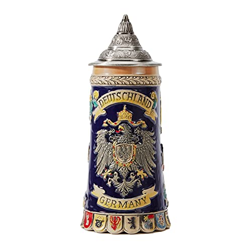Ceramic German Beer Stein with Pewter Lid 0.6L Viking Tankard Mug