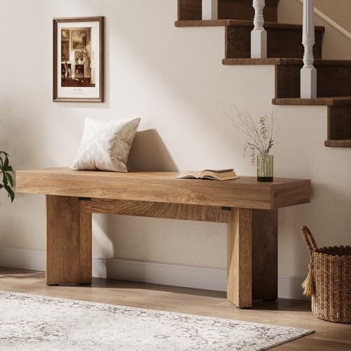 47-Inch Wooden Entryway Bench, Farmhouse Rustic Brown Bedroom Bench
