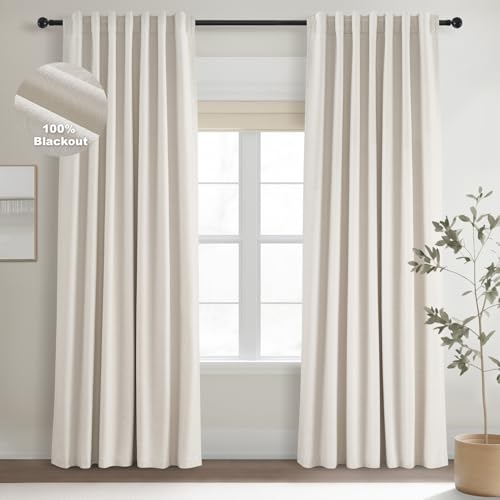 Linen Blackout Curtains 96 Inch Long - Thermal Drapes, 2 Panels (52" x 96")