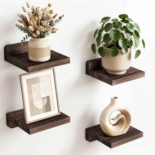 Small Floating Wall Shelves Set of 4 - Dark Carbonized Rustic Wood