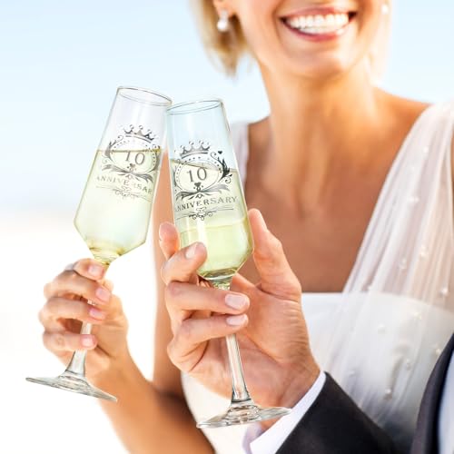 10th Anniversary Champagne Flutes Set of 2 - Elegant Hand-Blown Crystal Glasses, 7 OZ