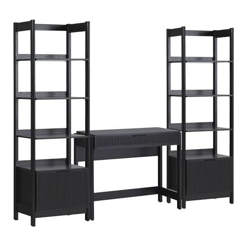 3-Piece Writing Desk Set with 2 Narrow Bookcases and Reeded Drawers, Black