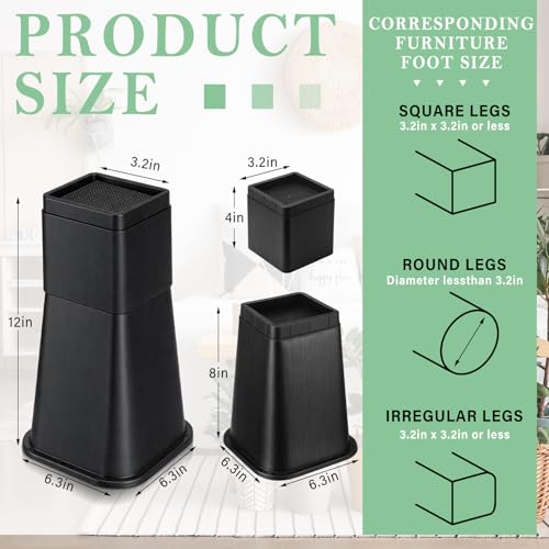 12-Inch Heavy Duty Bed Risers (4 Pack) - Plastic Furniture Extenders