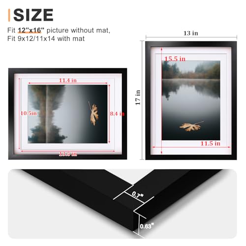 12x16 Solid Wood Picture Frame with Mat - Black Wall Mount Photo Frame
