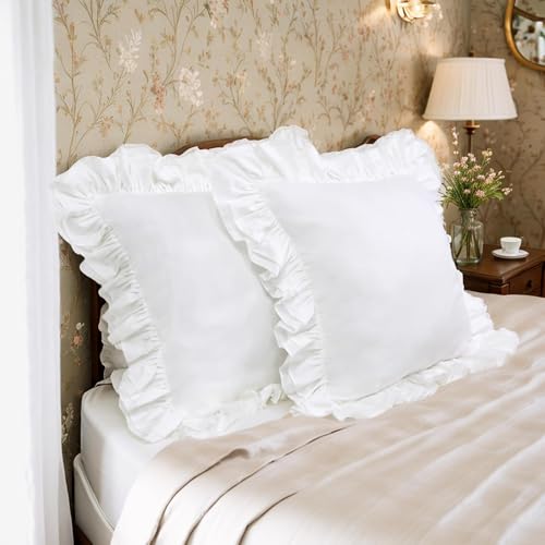 Set of 2 Ruffled Euro Pillow Shams, 26x26 Inch 100% Cotton Pillow Covers