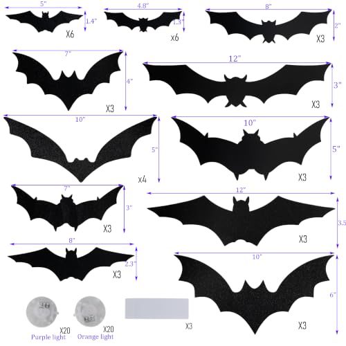 40PCS 3D Halloween Bat Wall Stickers with LED Lights - Removable Decor
