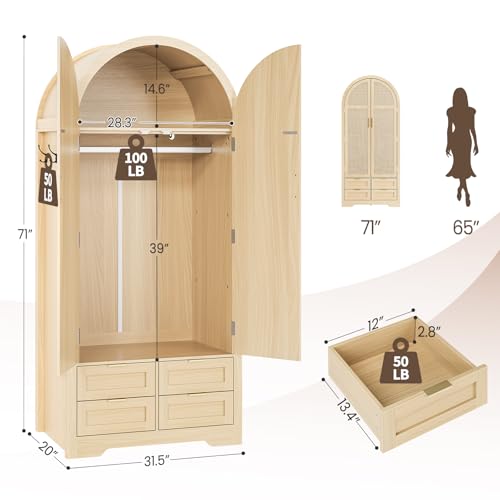 Arched Wood Wardrobe Closet with Rattan Doors and 4 Drawers