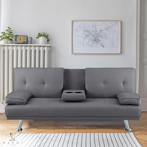 Convertible Faux Leather Futon Sofa Bed with Cupholders and Armrests