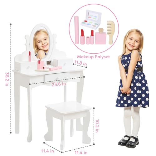 Kids' Vanity Set with Mirror and Stool - Wooden Makeup Table for Girls