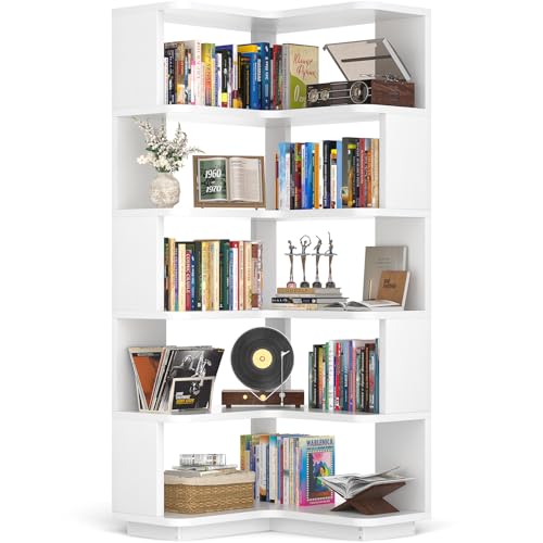 6-Tier L-Shaped Corner Bookshelf, Freestanding Wood Display Storage Stand