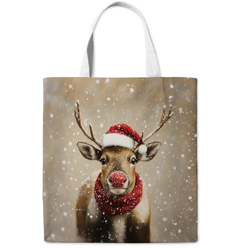 Reindeer Christmas Canvas Tote Bag for Women Holiday Gift Shopping & Travel
