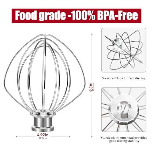 Cowbright K45WW 6-Wire Whip for KitchenAid Tilt-Head Mixers Aluminum, Hand Wash Only