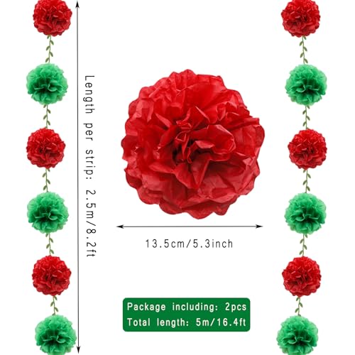 Red Tissue Paper Pom Pom Garland for Christmas & Events - 2 Pack, 16.4ft