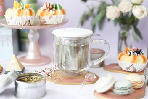 Teabloom Snow White Tea-For-One Steeping Mug, 12 oz Insulated Glass with Stainless Steel Infuser & Porcelain Lid